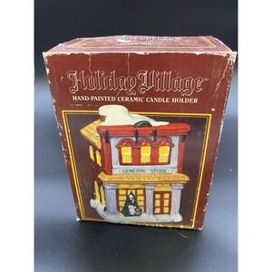 Holiday Village General Store Hand Painted Ceramic Candle Holder With Box